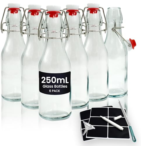 Volila Glass Bottles with Stoppers - 250ml Clip Top Swing Top Bottles for Homebrewing, Beverages, Kombucha, Wine, Vinegar and Oil (6 Pack)