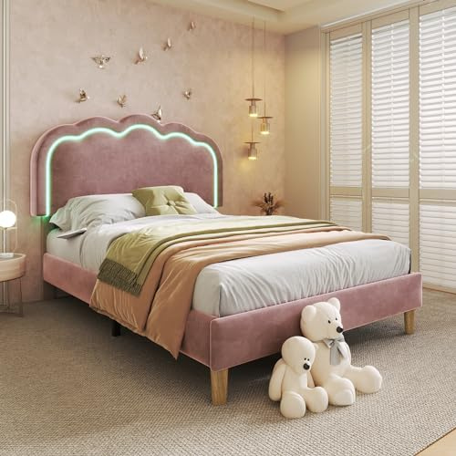 Aunvla Cama individual acolchada con LED, 90 x 190 cm, estructura con somier de láminas y cabecero ajustable, color rosa