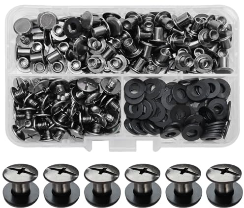 SHSMPXOY 90 uppsättningar Chicago bokskruvar rostfritt stål M5 x 6 mm Chicago-skruvar bokbindningsskruvar skruvnitar för läder, väskor, böcker, halsband, ryggsäckar, hundkoppel (glänsande svart)
