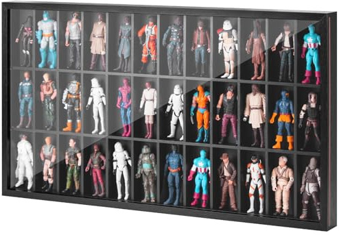DisplayMore Wooden Display Case for 3.75 inch Action Figures, Wall Mounted 36 Compartments Collectors Showcase,Fit for 1/18 Scale Star Wars / GI Joe / Marvel Action Figure Toy Black