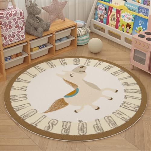 YATOLA Alfombras Redonda Alfombra Habitación Lavable Antideslizante Muy Suave para Salón o Dormitorio, Esponjosa de Cama Infantil Bebe Niña Niño De Juego Animal Unicornio Dinosaurio (Beige 2, Ø100cm)