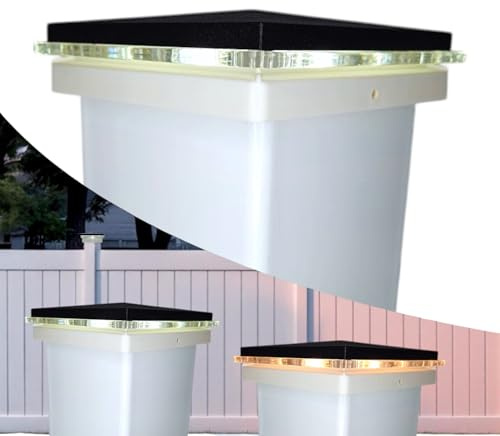 DekLights® DIY Line LED Lighted Post Cap for 5x5 Vinyl & 5.5x5.5 Wood Fence Posts. with Glass Edge Style Lens. 12 Volt Low Voltage with Replaceable LED Bulb. (White Base Black top)