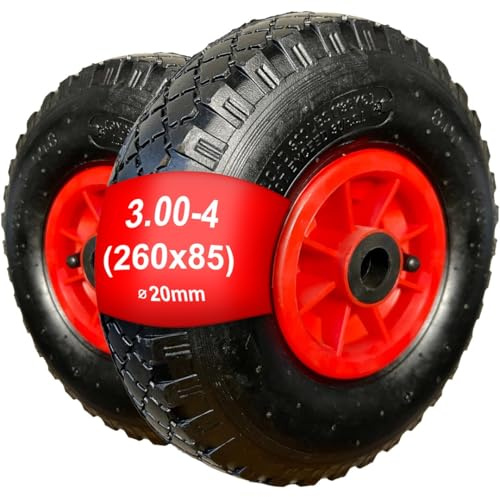 TMV24® 2x Sackkarrenrad Luftrad 3.00-4, 260x85, Nabe Ø20×75, Reifen mit Schlauch & Rad Sackkarre Bollerwagen Luftreifen Ersatzrad Sackkarren Räder Rollenlager Kugellager Winkelventil Schwarz/Rot, L