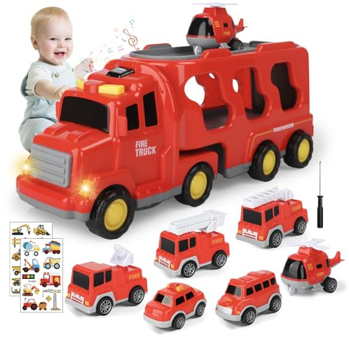 KIMIGO Feuerwehrauto ab 2 Jahre,7 in 1 Feuerwehr Auto Kinder mit Aufklebern,Zurückziehen Spielzeug Auto,Transport Truck mit Ton und Licht,Geschenke für Jungen und Mädchen