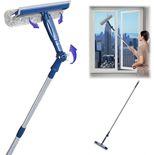 Escobilla de ventana de 47 pulgadas con extensión, herramienta de limpieza 4 en 1, paños de microfibra giratorios, adaptador de ángulo de hoja de goma para el hogar, oficina, apartamento de gran