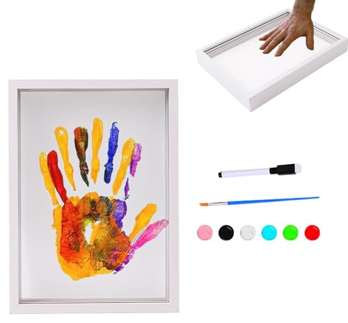 Kit impronte di mani familiari trasparenti – Cornice in legno per souvenir fai da te 22,4 x 31 x 4 cm, divertente kit di memoria creativa, include colori di pittura e fogli trasparenti