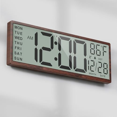 Mee 2ou Digital Wood Wall Clock with Battery Operated, 15 Digital Clock Large Display with Date and Day of Week, Large Number with Temperature, Auto DST, Alarm, Snooze, 12/24-hour for Desk Office