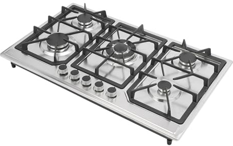 Gasspis med 5 lampor med effektreglering 3,3/3/1,75/1,75/1 kW, inbyggd gasspis i rostfritt stål med flaskgasmunstycken skruvbara kastrullhållare och halkfria fötter, gaskökare för hus, batteritändning