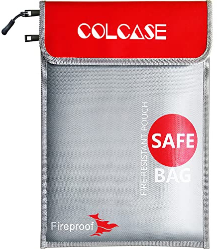 COLCASE Fireproof Document Bag Upgraded 2 Pockets (2000 ℉) 15 x 11 Inches Silicone Coated Fireproof and Waterproof Bag Safe Storage for Money, Documents, Jewelry and Passport