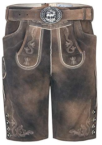 Schöneberger Trachten Couture Herren Vintage Lederhose Steiermark kurz - Trachtenlederhose Antik Taupe inkl. Trachtengürtel Modell Steiermark (46, grau-braun)