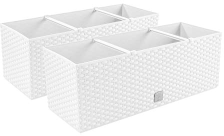 PAFEN 2in1 Set 2X Balkonkasten Blumenkasten Rattan-Optik 4 Farben Pflanztopf Blumenkübel (Weiß)