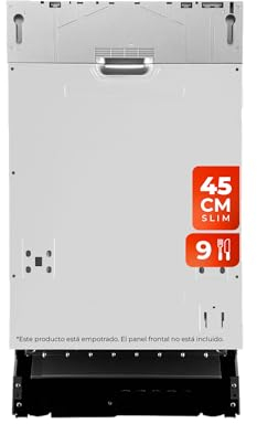EVVO Lavavajillas Integrable Estrecho DI.2 Slim, Ancho 45 cm, Capacidad 9 cubiertos, Programa Rápido 30 Minutos, Bandeja superior Ajustable, Programa Media Carga, Marca española, Inicio Diferido