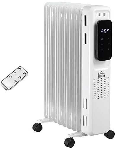 HOMCOM 2000W Oil Filled Radiator, 9 Fin Portable Electric Heater with LED Display, 24H Timer, 3 Heat Settings, Adjustable Thermostat, Safety Cut off, Remote Control, White