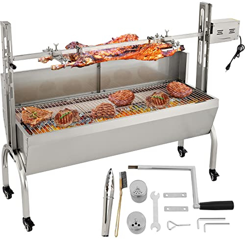Vevor Parilla de Barbacoa Exterior 132 lbs Acero Inoxidable Asador 40 W, Altura Ajustable de 7,5-16,9 Kit de Asador Universal Parrilla con Subdivisión y Ruedas Bloqueables para Camping, Plateado