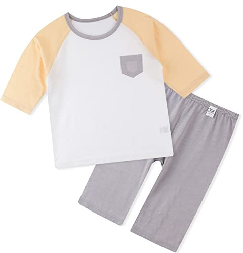 OrganicBoom Big Girl Boy Certified 100% Organic Cotton Lightweight Three-Quarter Outfit Tee Pants Set Easywear Playwear (Vintage Slub Yellow,7-8Y)