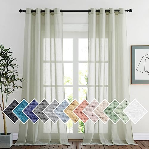 PONY DANCE Rideaux Vert - Rideau Voilage Texture de Lin Effet Voile Panneaux Draperies pour Maison Chambre Décoration Unique avec Oeillets, L 140cm x H 245cm, Sauge Vert, Lot de 2