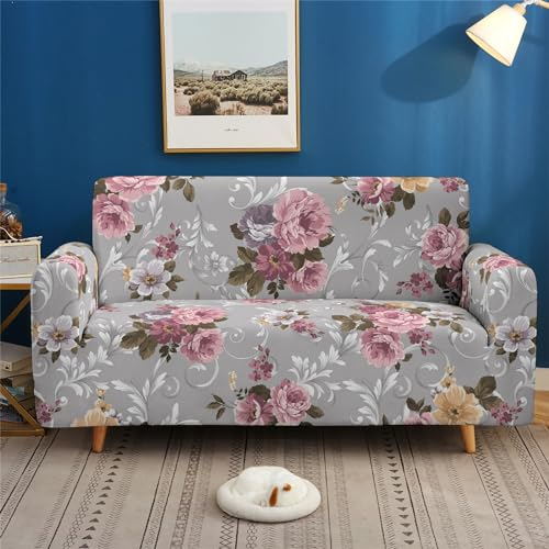 Sofa Überzug 2 Sitzer rote Blumen Sofabezug, Druck Sofaschoner rutschfest, Elastisch Couch Überzug Mit Armlehnen, Sofa Cover Sofahusse Sofaüberwurf Couch Überwurf