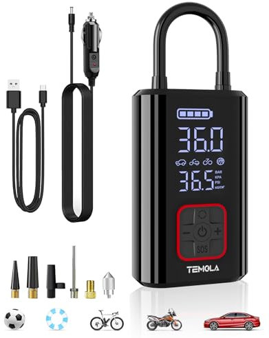 TEMOLA Compresor Aire Portatil Coche, Mini Compresor de Aire Portatil con Luz LED, Inflador Ruedas Coche Accesorios Coches Esenciales para Hombre con Manómetro para Coches Motocicleta Bicicleta