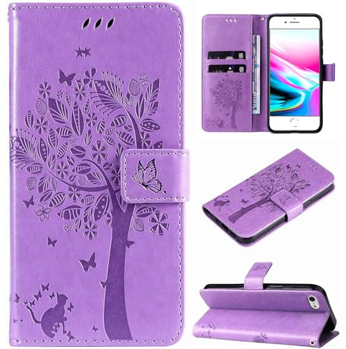 Hancda Coque pour iPhone SE 2022 / iPhone SE 2020 / iPhone 8 / iPhone 7 Etui Housse Coque en Cuir avec Motif Porte Carte Portefeuille à Rabat Magnétique Flip Case Cover Antichoc Coque,Violet