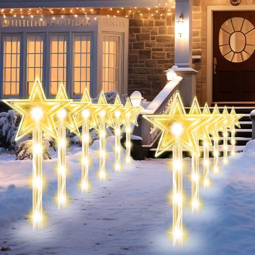 MaxAwe 12 Pack Outside Christmas Path Lights, 8 Modes Lighting Waterproof LED Star Christmas Decorations, Warm White Stakes Pathway Lights for Xmas Festive Outside Garden, Yard, Patio Holiday Decor