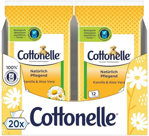 Cottonelle Feuchtes Toilettenpapier für unterwegs, Natürlich Pflegend - Kamille & Aloe Vera, Schnell auflösend, 20 x 12 Tücher Vorteilspack, Biologisch abbaubar