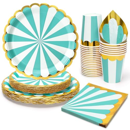 PARTY GO 96PCS Green Circus Party Supplies Disposable Tableware Set Includes 9 Plate Paper Plates 7 Plate Paper Plates Cups Napkins for Baby Shower Happy Birthday Party Table Supplies
