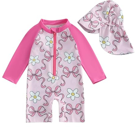 BYUSBAYA Toddler Baby Boy Girl Rash Guard Swimsuit Long Sleeve Zipper Bathing Suit One Piece Sun Protection Swimwear with Hat (Zj Pink, 3-4 Years)