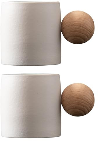 Dicmracy Juego de 2 o 4 tazas de café expreso de cerámica de 2.5 onzas, tazas de espresso con mango de madera, tazas Demitasse para café o té (blanco2, redondas)