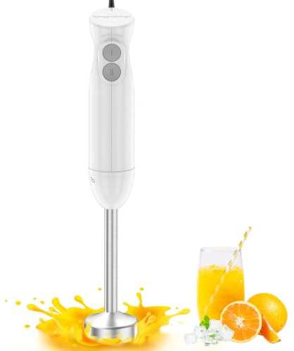 Bonsenkitchen Hand Blender, 2-Speed, Stainless Steel (White) | With 4 Blades, Portable Stick Blends Baby Food, Soups, Purees & Smoothies. Ergonomic Grip, Easy Clean
