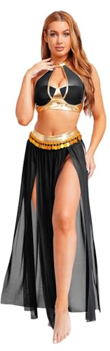 HULIJA Robe de Danse Orientale pour Femme Haut Court col Licou métalliques Jupe avec Franges Costume de Spectacles de Danse du Ventre Noir S