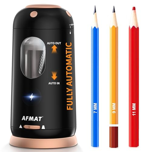 AFMAT Electric Pencil Sharpener, Auto in & Out, Fully Automatic Pencil Sharpener, Rechargeable Hands-Free Sharpeners for Jumbo & Colored Pencils (7-11.5mm), Good for Classroom/Home/Office PSC8(Black)