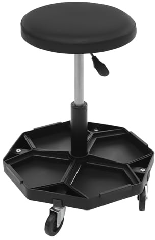 Loobiiny Taburete de taller, máximo 150 kg, asiento neumático de garaje con bandeja para herramientas, altura ajustable 45-61 cm, reparación de coche