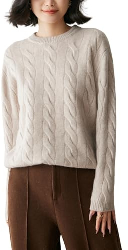 DISSA MY2547 - Maglione da donna in cashmere e lana, con scollo rotondo, a maniche lunghe, motivo a treccia, beige., 48