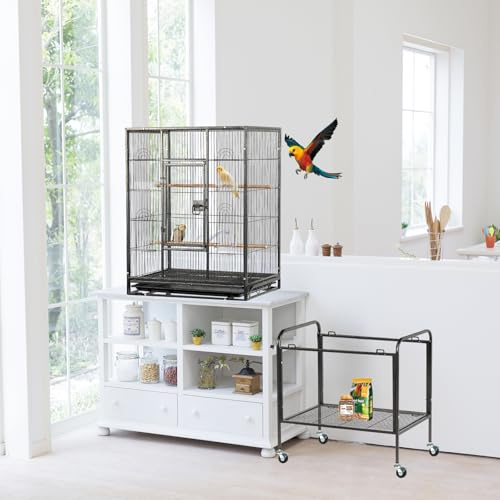 LEADZM Vogelkäfig Groß, Vogelkäfig Wellensittiche mit Holzstangen und 4 Rollen, Vogelhaus Mit herausziehbarer Reinigungswanne und Sicherheitsverriegelung, Schwarz, 64 x 41 x 135 cm