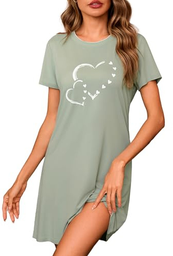 Leversic Camisón de Verano para Mujer con Estampado de Corazones Manga Corta Cuello Doble Vestido de Dormir S-XXL(Verde Menta,XL)