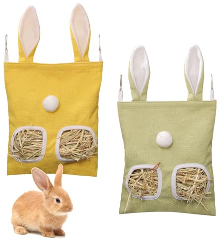 Durdiiy 3 Hay Bag for Rabbits 2-Hole Hanging Feeder Guinea Pig Bags, Chinchillas Hamsters Small Pets and Animals, Washable, Reduces Waste, Fits Bunny, Hamster, Animals (B-2)