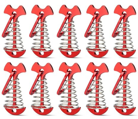 Juyutdey 12PCS Tent Stakes Aluminum Deck Tie Down, Deck Anchor Pegs, Tent Rope Tighteners with Spring Buckle Red