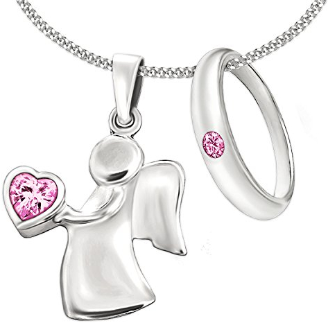 CLEVER SCHMUCK Mädchen Halskette 2 Anhänger Engel 15 mm mit Zirkoniaherz in der Hand und Taufring mit rosa Zirkonia & Kette Panzer 38 cm STERLING SILBER 925 im Etui