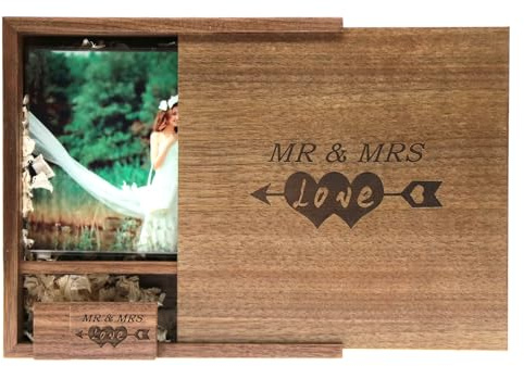 LXSINO Clé USB 3.0 bois 64 Go gravure laser Motif Mr & Mrs boîte mariage/anniversaire mariage (noyer, photos 10x15 cm)
