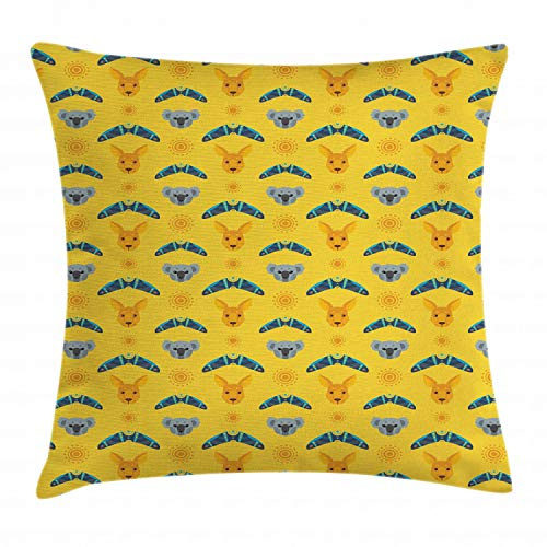 ABAKUHAUS Kangaroo Throw Pillow Cushion Cover, Australian Aboriginal Pattern Boomerang and Koala Bear Animal, Decorative Square Accent Pillow Case, 16 X 16 Inches, Multicolor