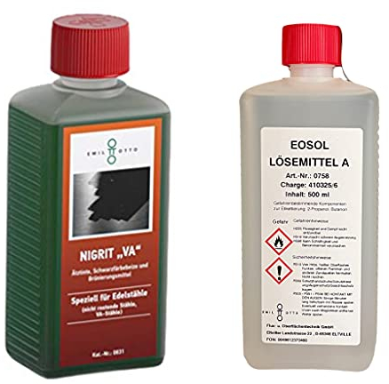 Brünier-Profi-Set: 250 g Schwarzfärbe-Schnellbeize NIGRITVA, Kaltbrünieren - Schwarzfärben u. Korrosionsschutz für Edelstähle + 500 ml Lösemittel A, zum Säubern u. Entfetten von Werkstücken