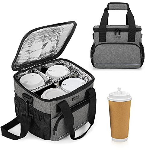 Trunab Reusable 4 Cup Drink Carrier for Delivery with Adjustable Dividers, Handle with Carrying Strap Tote Holder Insulated Bag for Beverages, Food Take Out, Outdoors, Grey - Patented Design