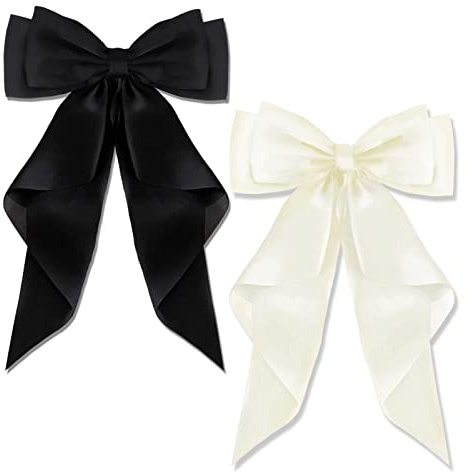 AYNKH 2 PCS Big Bow Hair Clips with Long Silky Satin, Solid Color French Barrette Simple Hair Fastener Accessories for Women Girls