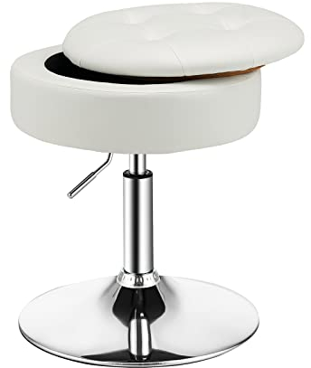 COSTWAY 360° Swivel Vanity Stool, Height Adjustable PU Leather Footstool Storage Ottoman with Removable Tray Lid, Modern Padded Round Footrest Accent Makeup Stool Chair for Living Room Bedroom (White)