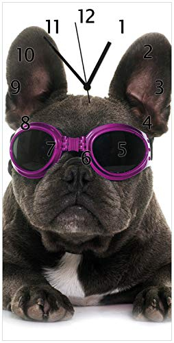 Wallario Design-Wanduhr Cooler Hund mit Sonnenbrille in pink - Französische Bulldogge aus Glas, Motiv-Uhr Größe 30 x 60 cm, Schwarze Zeiger