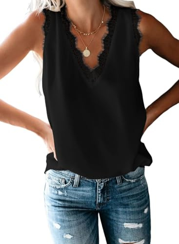 Dokotoo Womens Vests Tops V Neck Sleeveless Tank Top for Women Summer Ladies Camisole T-Shirts Fashion Women's Camisoles Lace Trim Chiffon Blouses Shirts Vest Black UK L 14-16