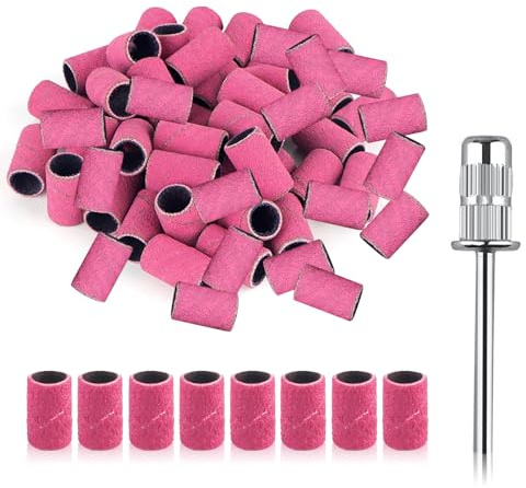 Bandas de lijado para taladro de uñas de grano 240, 100 unidades de bandas de lijado finas de grano 240 # rosa con kit de brocas de mandril para manicura artística de uñas