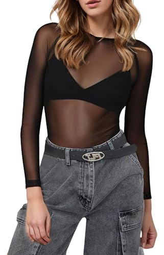 Damtopp, transparent skjorta, svart, mesh, sheer, toppar, långärmad skjorta, blus, lediga toppar, ren blus, tyll, klubbkläder, party, toppar, nättopp, transparent mesh, långärmad turtleneck, svart, M