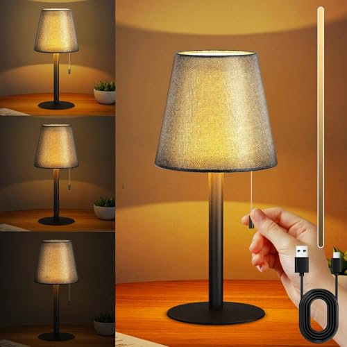 Led Akku Tischleuchte, Nachttischlampe Dimmbar Tischleuchten USB, Retro Stoffshirm, 3 Helligkeitsstufen Einstellbar Warmweiss,Modern Nachttische Tischlampe für Wohnzimmer Schlafzimmer Tisch
