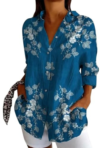 Chemisier Femme Manche Longue à Boutons imprimé Ethnique Chemise bohème pour Femme d'été Blouse Femme Long Grande Taille Exotique Tunique Ample Fluide Chic Casual Vintage Folklore (Sky Blue, S)